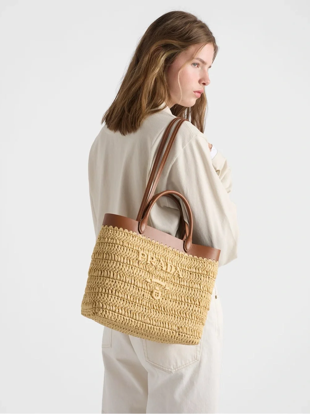 Prada Natural Raffia Tote with Tan Leather Trim - Picture 6 of 10